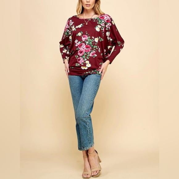 Flowy and Comfort Draped Long Sleeve Batwing Dolman -wine floral - Picture 5 of 6